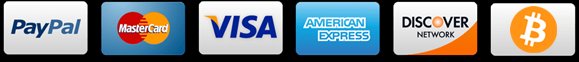Accepted payment methods: PayPal, MasterCard, Visa, American Express, Discover, Bitcoin